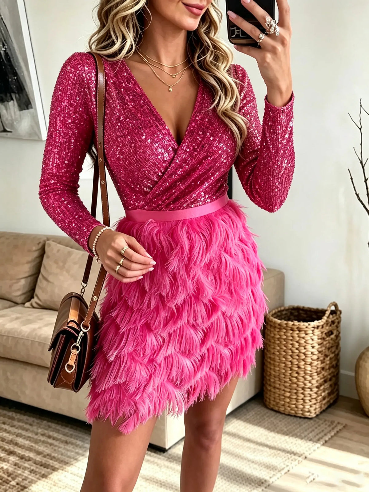 Women's Sequin Wrap Feather Fringe Mini Dress