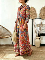 Women's Ethnic Floral Patchwork Print Collared Long Sleeve Maxi Dress