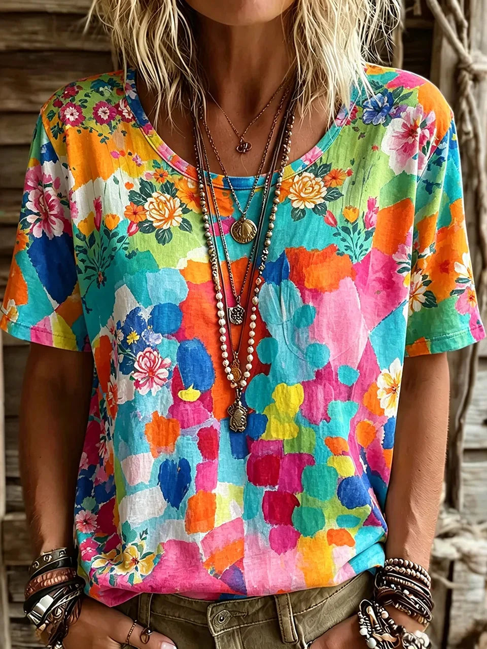 Women's Watercolor Floral Color Block Print Crew Neck Short Sleeve T-Shirt