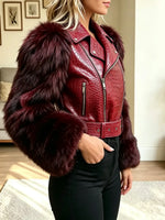 Women's Vintage Fluffy Sleeve Asymmetrical Zipper Cropped Biker Jacket