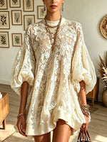 Women's High-Neck Sheer Floral Lace Babydoll Mini Dress