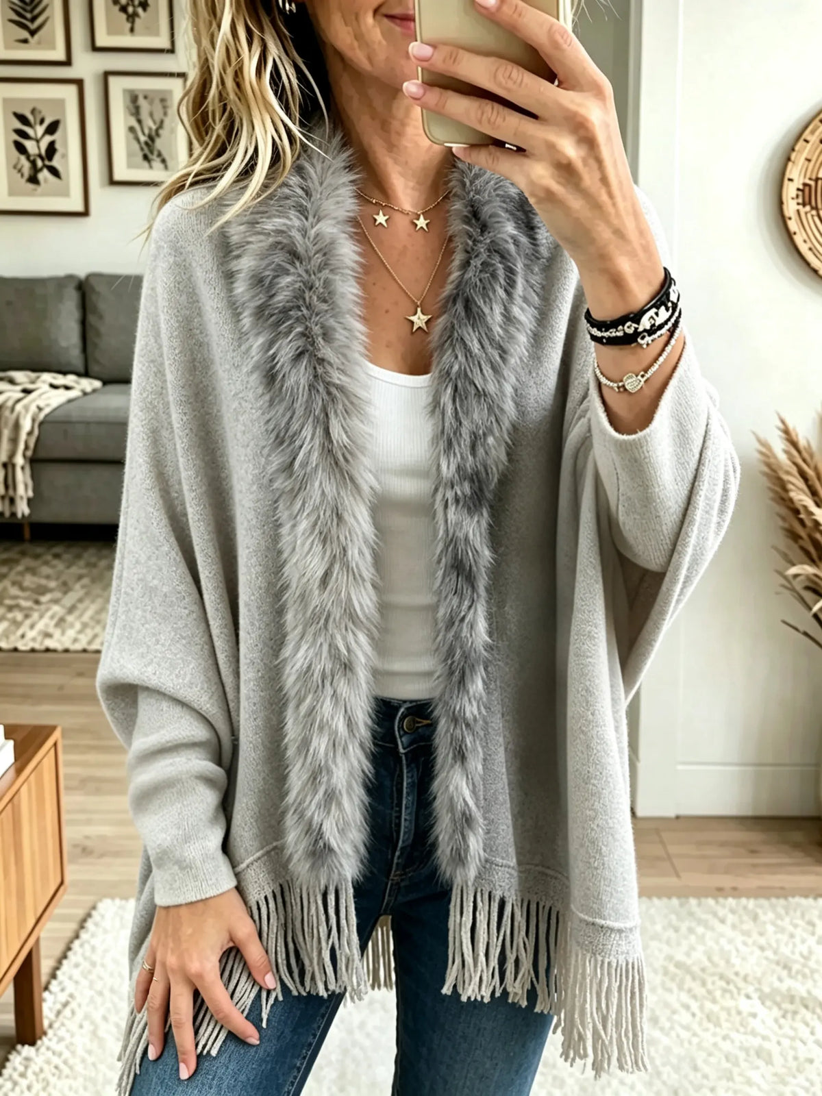 Women's Faux Fur Trim Fringe Poncho Cardigan