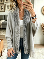 Women's Faux Fur Trim Fringe Poncho Cardigan