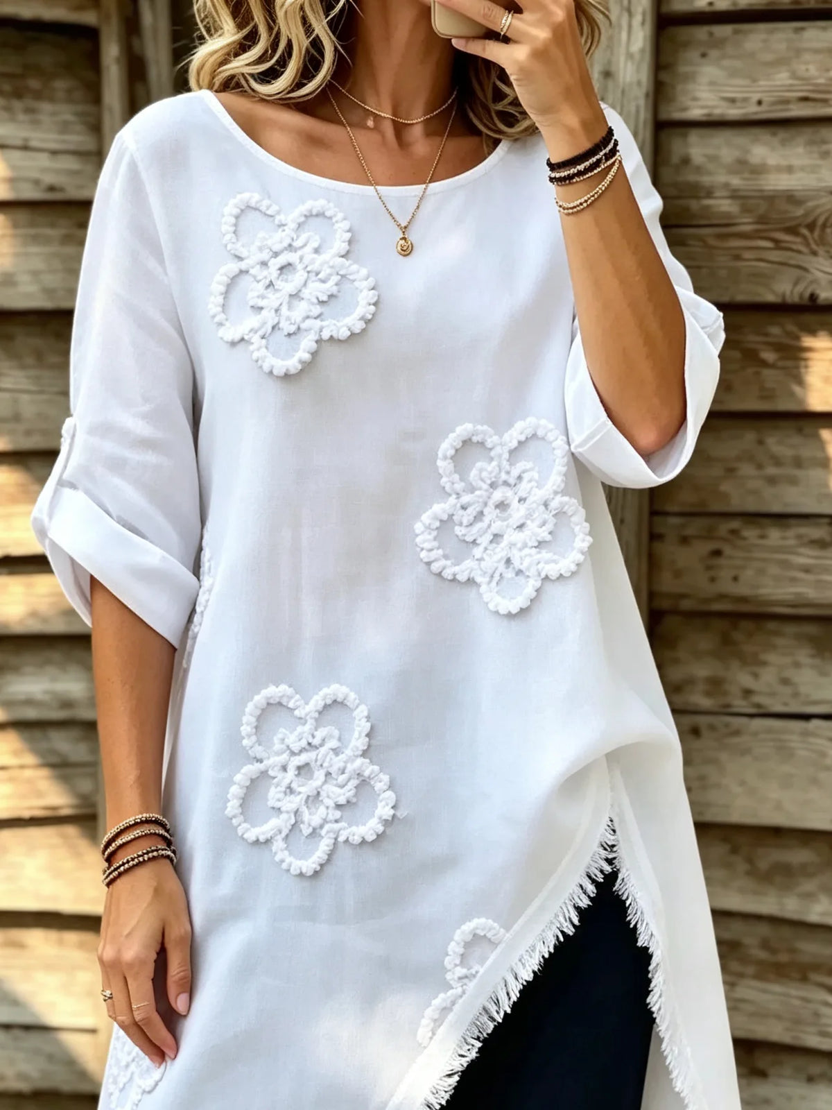 Women's 3d Floral Embellished Irregular Slanted Three-quarter Sleeve Long Cardigan