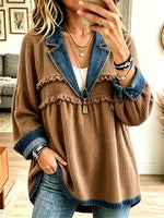 Women's Retro Denim Knit Patchwork Collared Top