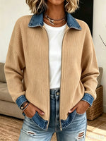 Denim Collar Patchwork Zip‑Up Ribbed Knit Jacket, Women Casual Cardigan Coat
