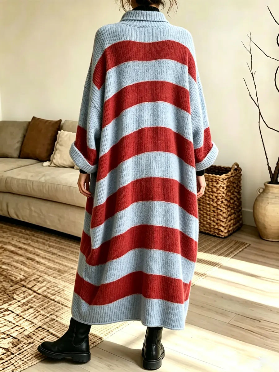 Retro Stripe Pattern Art Casual Stylish Long Sleeve Knit Sweater Maxi Dress