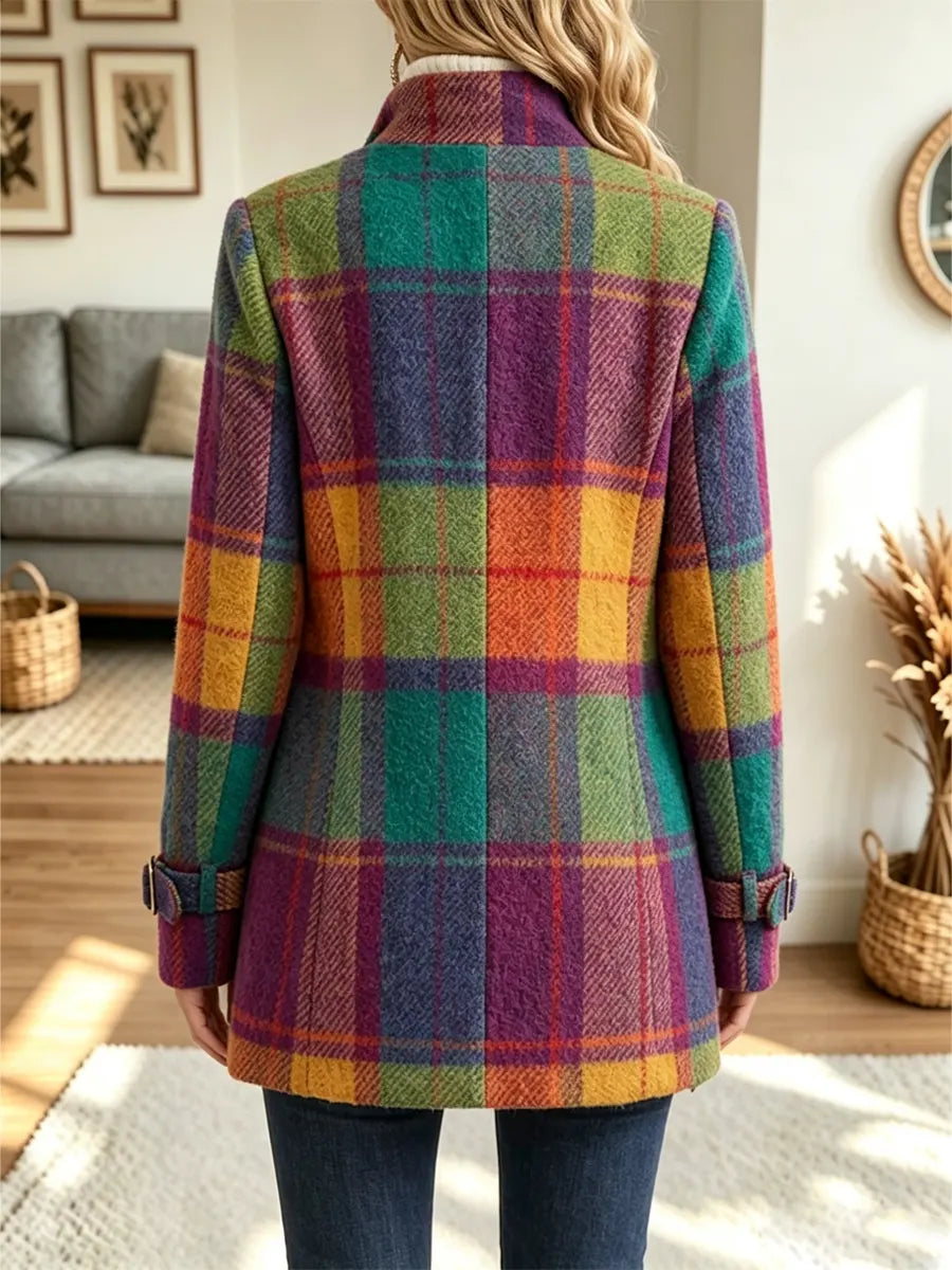 Retro Plaid Pattern Art Zip Casual Cozy Stylish Long Sleeve Coat