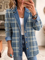 Retro Plaid Pattern Art Casual Denim Patchwork Stylish Long Sleeve Coat