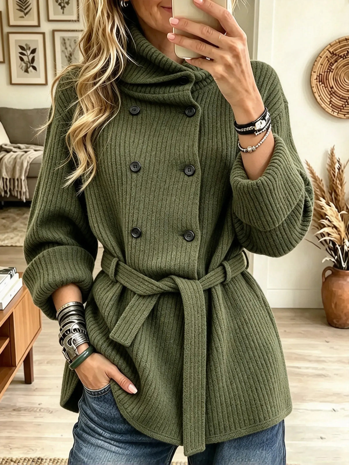 Women's Double-Breasted Belted Ribbed Knit Cardigan