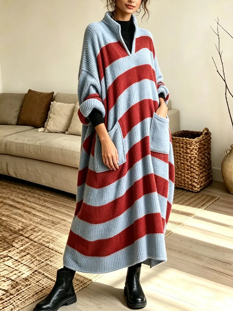 Retro Stripe Pattern Art Casual Stylish Long Sleeve Knit Sweater Maxi Dress