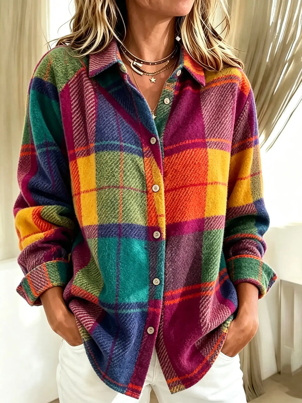 Women's Colorful Plaid Flannel Button-Down Shirt