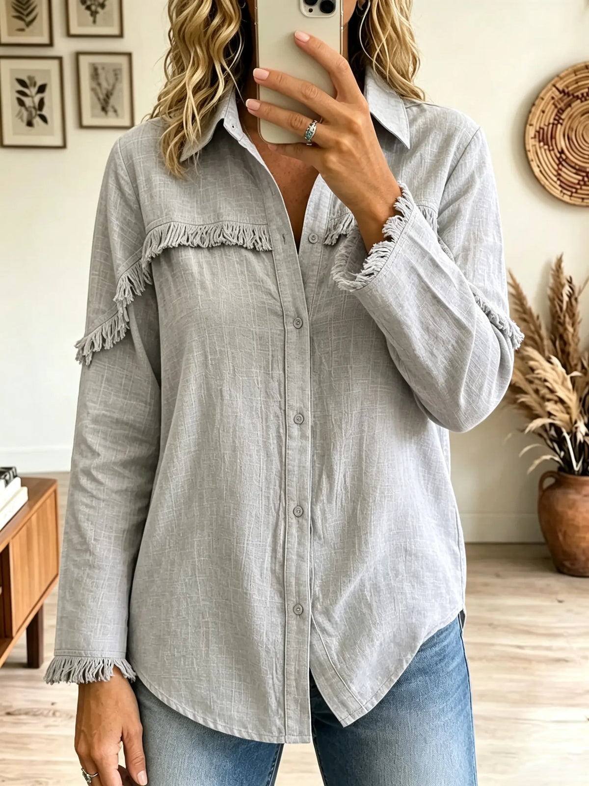 Women's Fringe Trim Button-Down Shirt