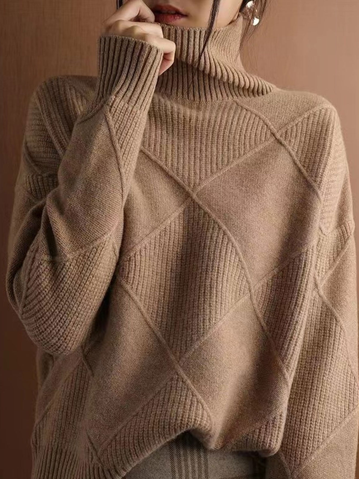Diamond Cable Knit Turtleneck Sweater Women Loose Long Sleeve Pullover
