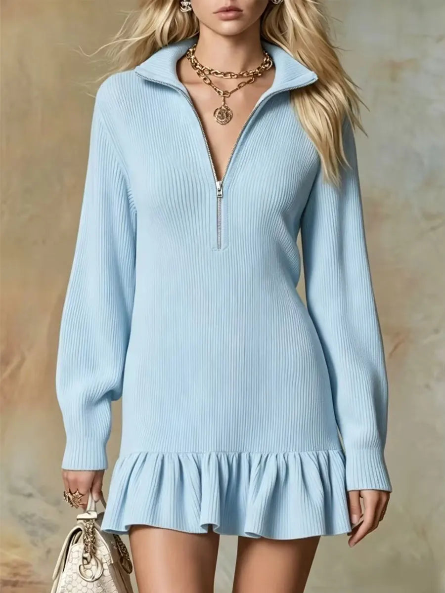 Retro Ruffle Art Casual Zip Stylish Lapel Long Sleeve Short Dress