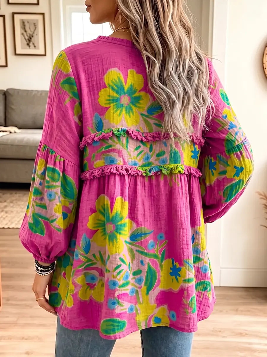 Women's Vintage Elegant Textured Crinkle Ruffle Babydoll Tunic Blouse