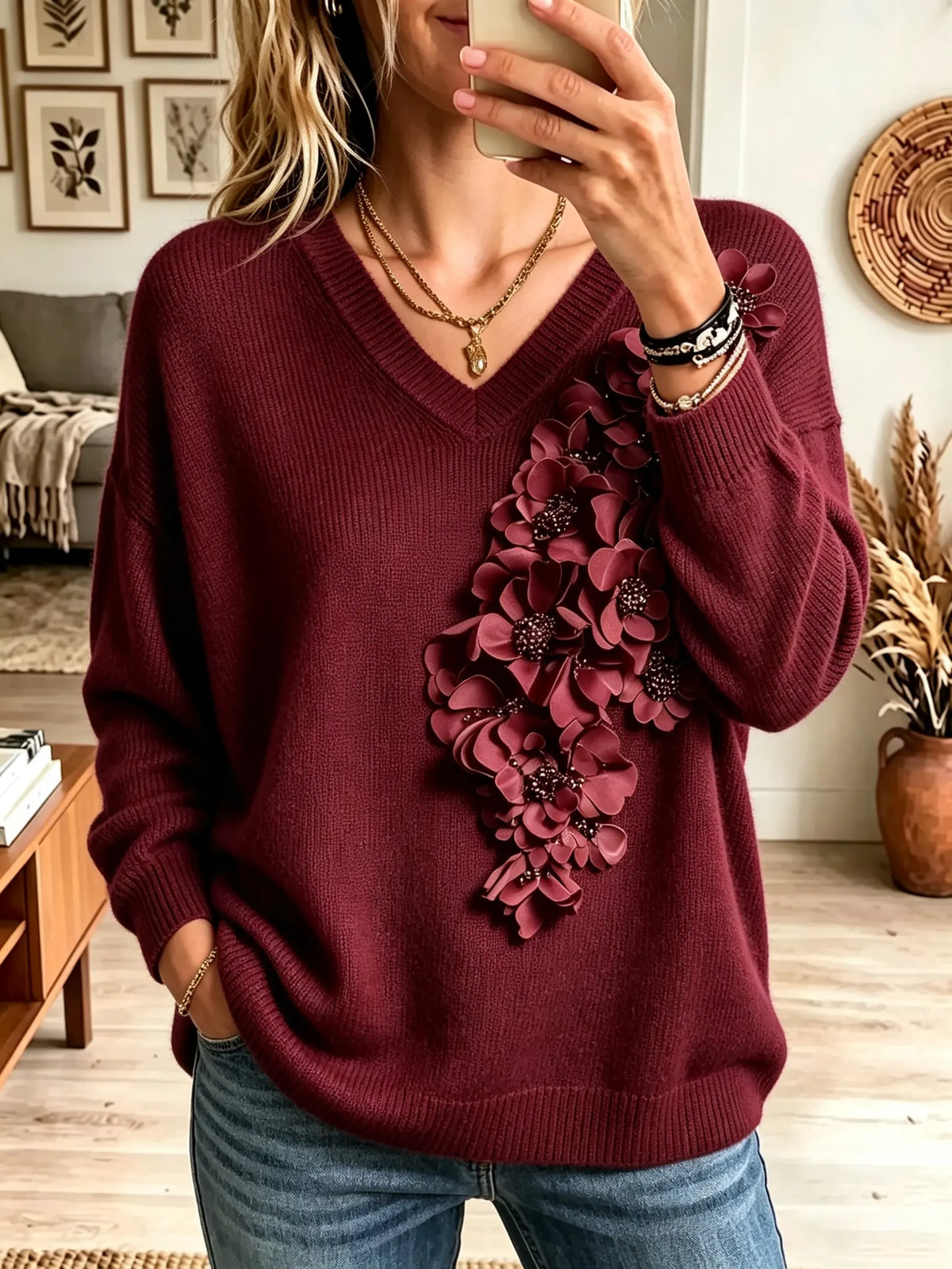 Women's 3D Floral Embellished V-Neck Knit Sweater