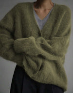 V‑Neck Fuzzy Shaggy Knit Button Front Long Sleeve Cardigan