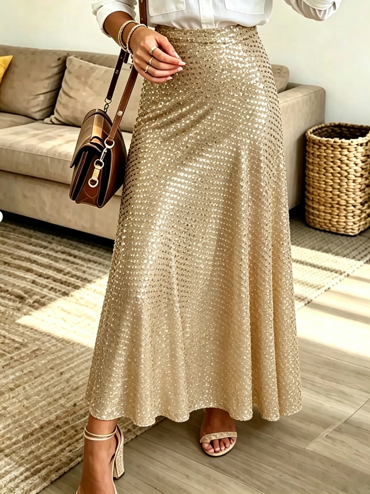 Women's High-Waisted Sequin A-Line Maxi Skirt