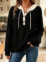 Retro Elegant Button Hooded Loose Art Casual Stylish Long Sleeve Top