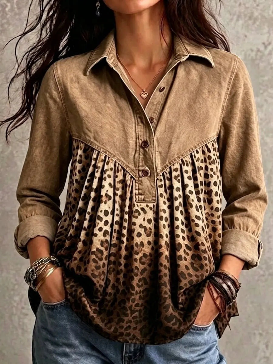 Women Denim Spliced Leopard Print Half Button Long Sleeve Blouse