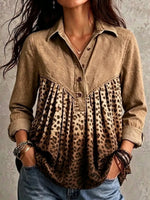 Women Denim Spliced Leopard Print Half Button Long Sleeve Blouse
