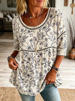 Retro Floral Pattern Art Print Casual Hollow Short Sleeve Cotton Linen Shirt