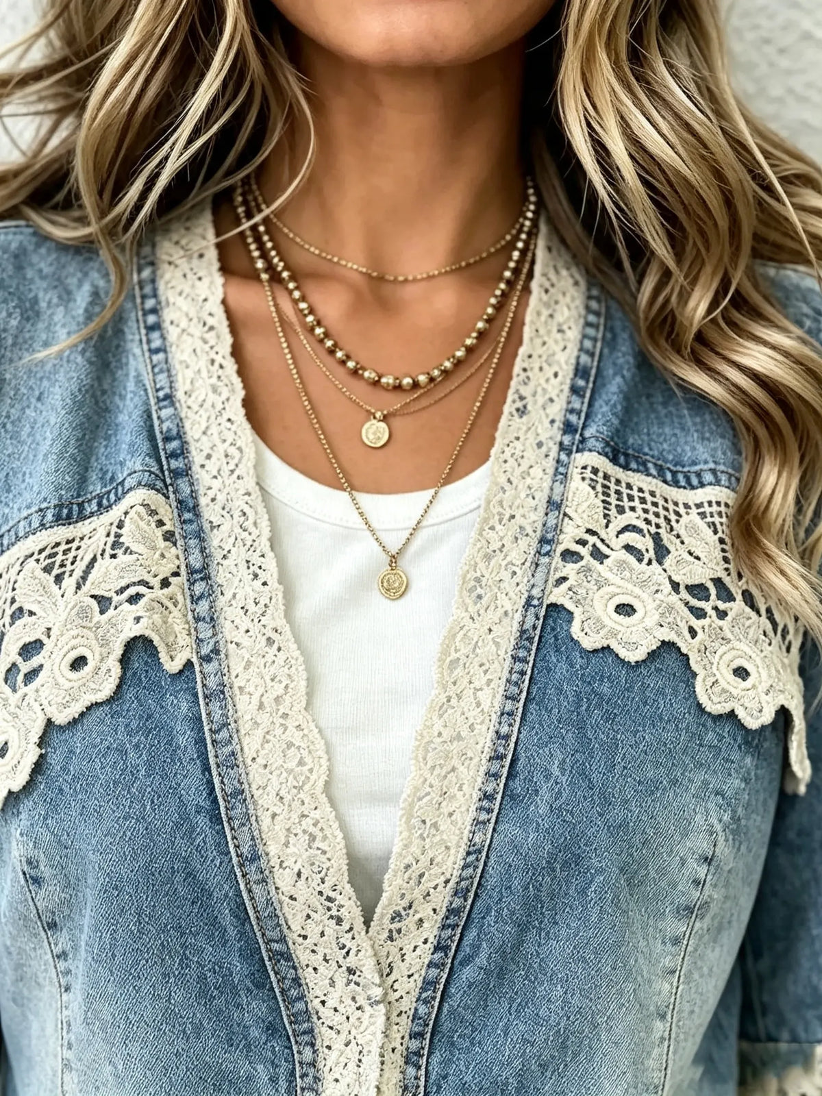 Women's Crochet Lace Inset Denim Jacket