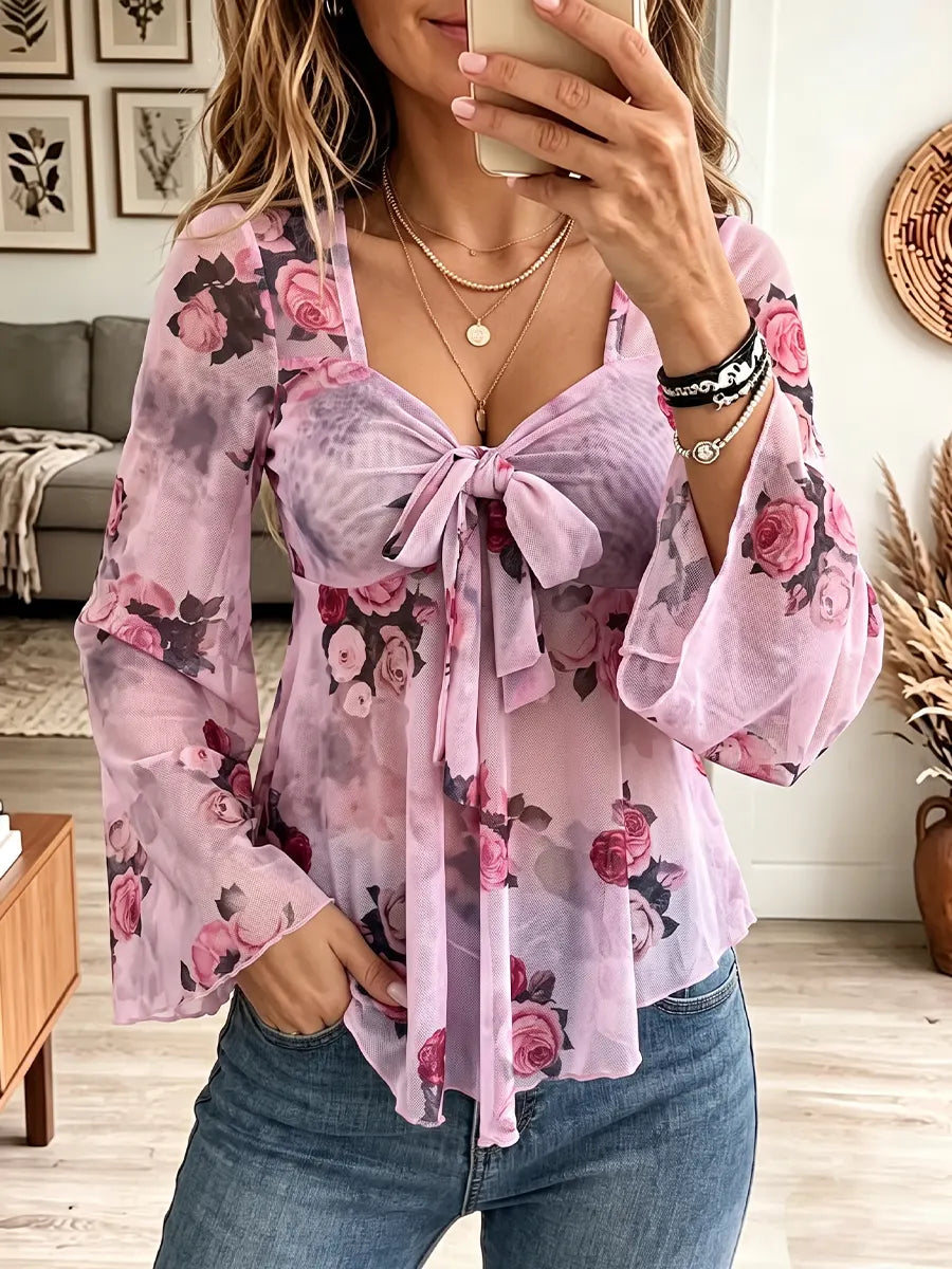Vintage Elegant Floral Tie Square Neck Long Sleeve Shirt