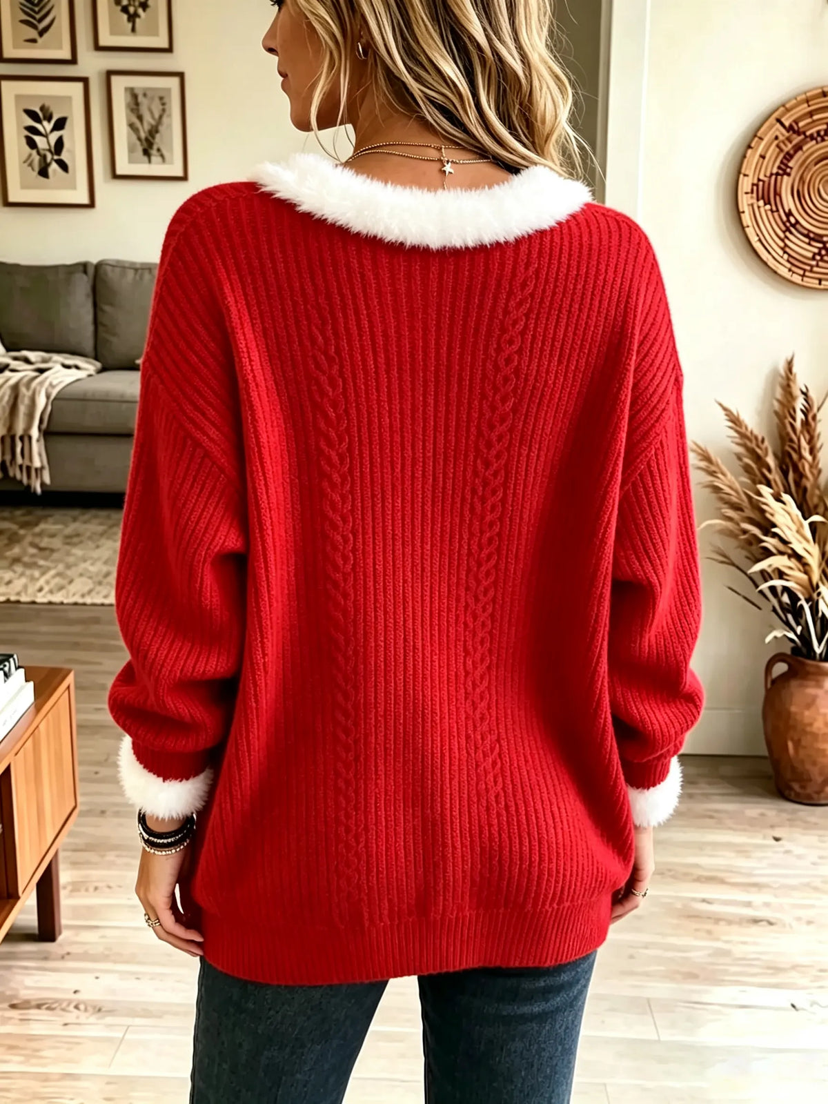 Women's Faux Fur Trim Cable Knit Holiday Sweater
