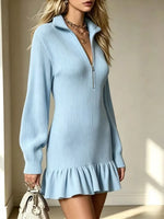 Retro Ruffle Art Casual Zip Stylish Lapel Long Sleeve Short Dress