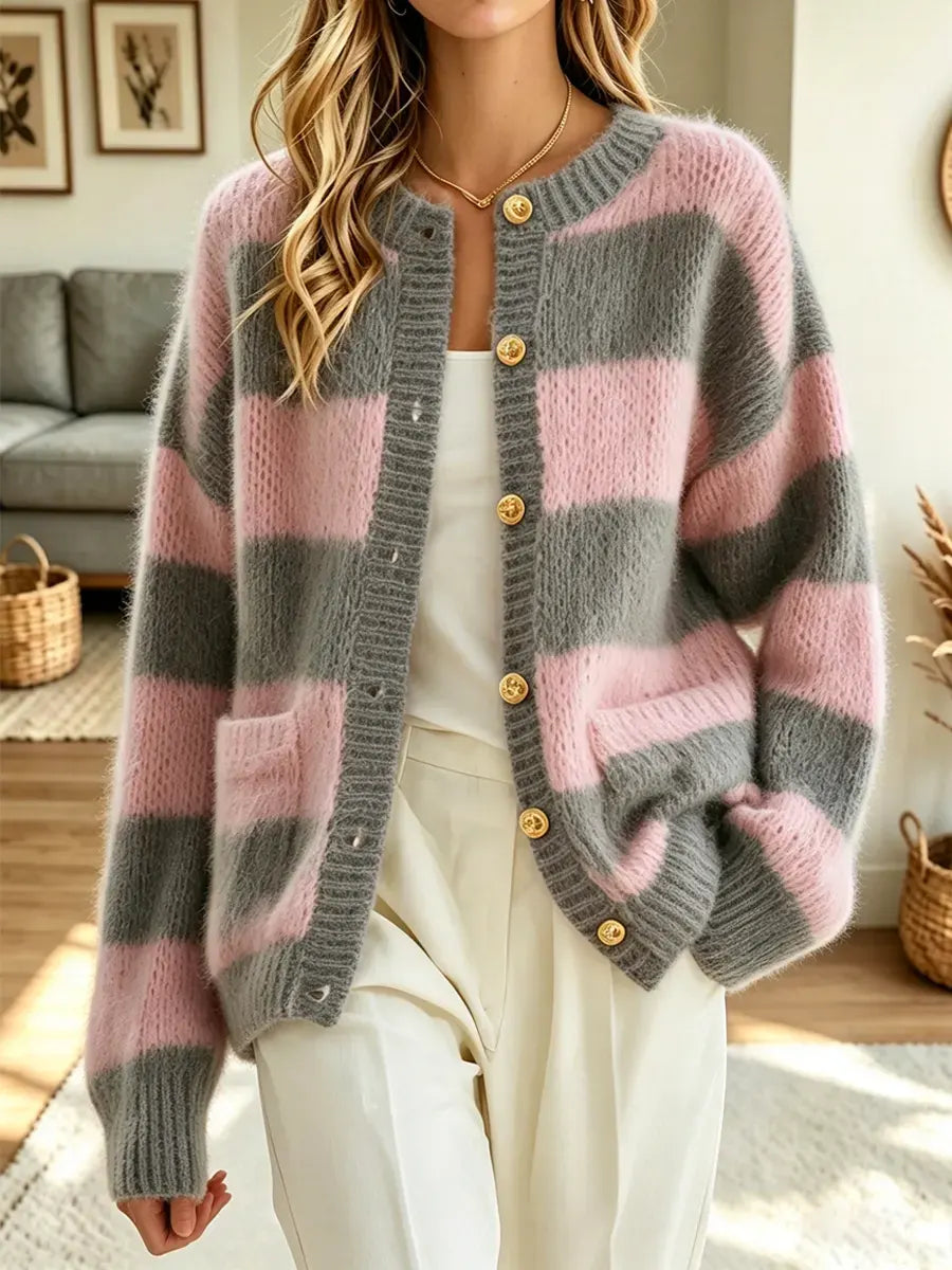 Retro Stripe Art Casual Stylish Long Sleeve Knit Cardigan Sweater