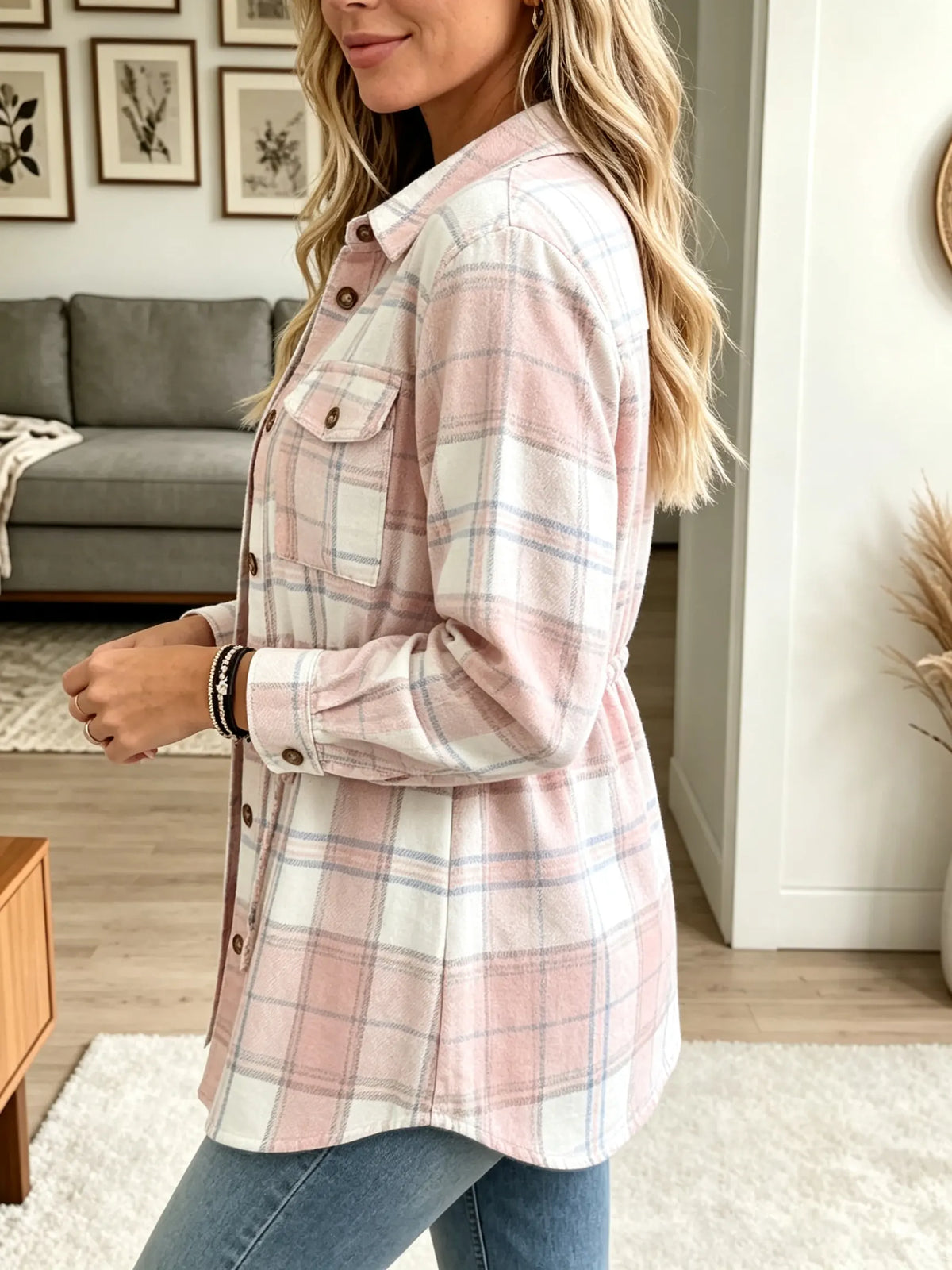 Women's Drawstring Waist Plaid Flannel Shacket