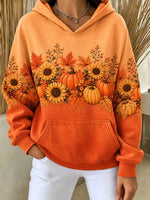 Women Gradient Orange Pumpkin Sunflower Maple Leaf Fall Hooded Sweatshirt