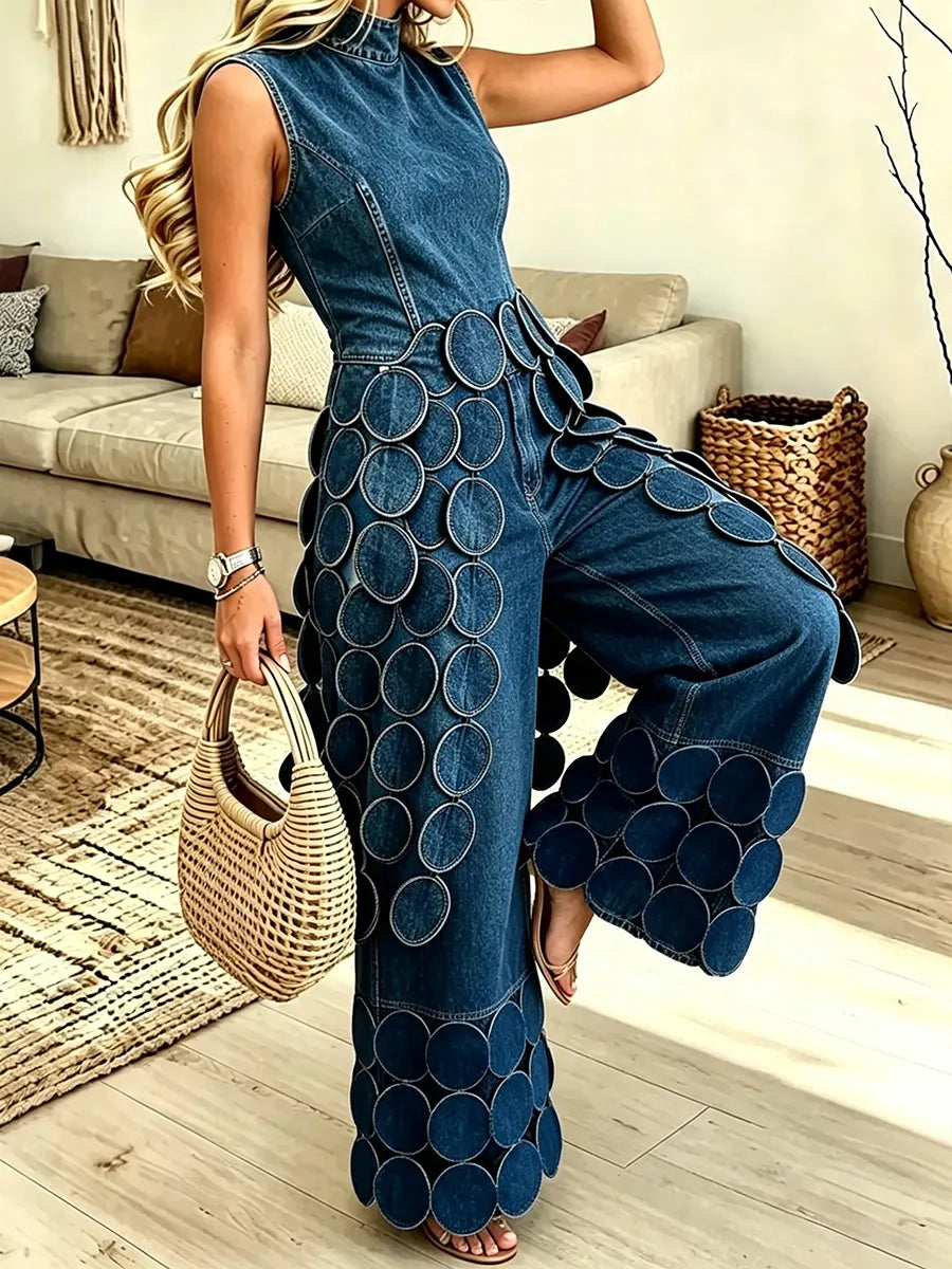 Women’s Cut-out Patchwork Denim Wide-leg Pants