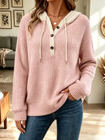 Retro Elegant Button Hooded Loose Art Casual Stylish Long Sleeve Top