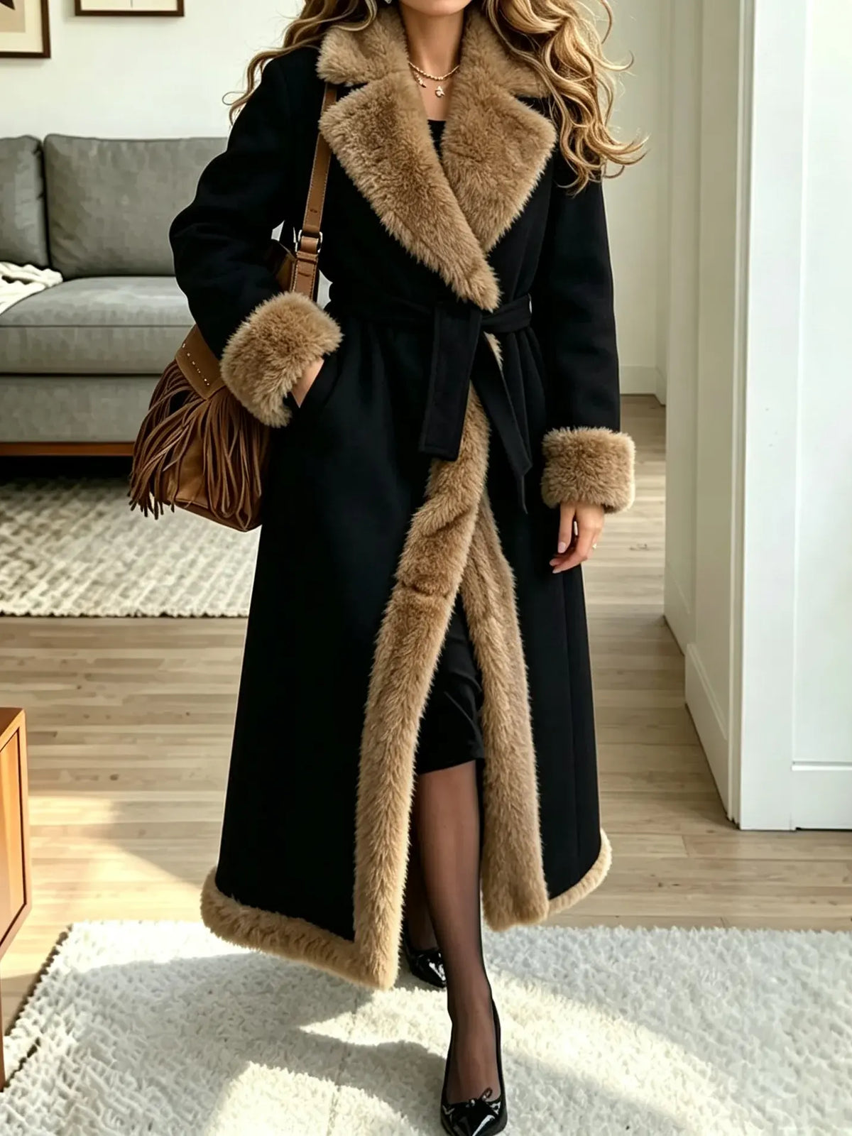 Women's Faux Fur Trim Belted Longline Coat