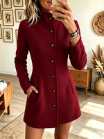 Women's Stand Collar Button-Front Woolen Coat Dress