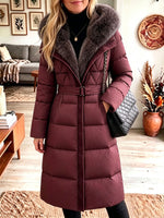 Detachable Faux Fur Hood Belted Long Puffer Coat, Women Winter Warm Quilted Outerwear