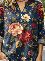 Women's Retro Floral Pattern Art Print Casual Long Sleeve Linen Shirt