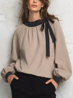 Retro Elegant Bow Color Block Art Casual Stylish Long Sleeve Cotton Linen Shirt