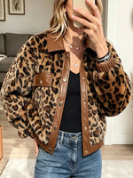 Vintage Elegant Leopard Print Fleece Patchwork Pu Coat