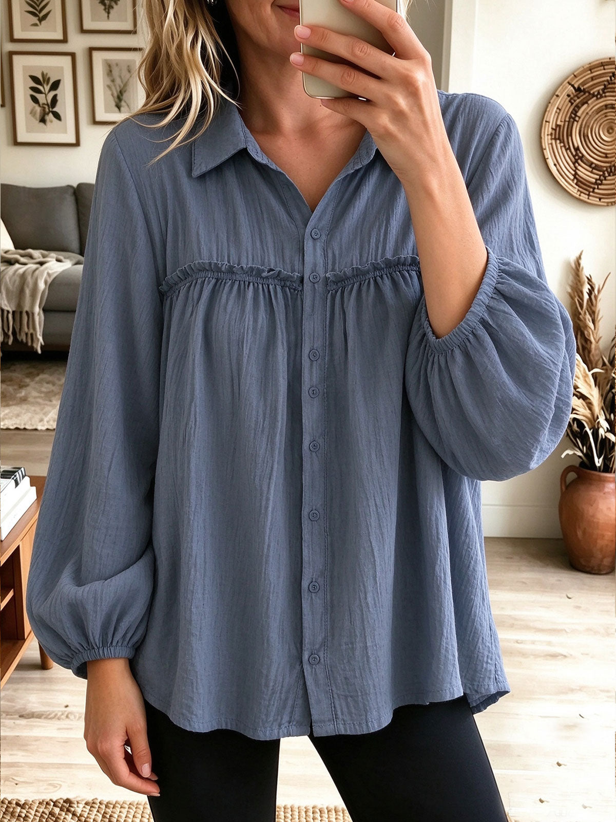 Women's Collared Button Down Ruffle Yoke Bubble Long Sleeve Blouse