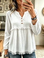 Women's Fringe Trim Henley Babydoll Blouse