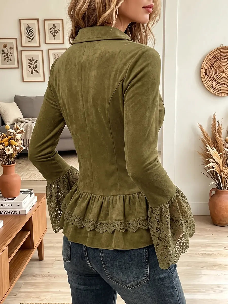 Vintage Elegant Suede Patchwork Ruffled Lace Shirt
