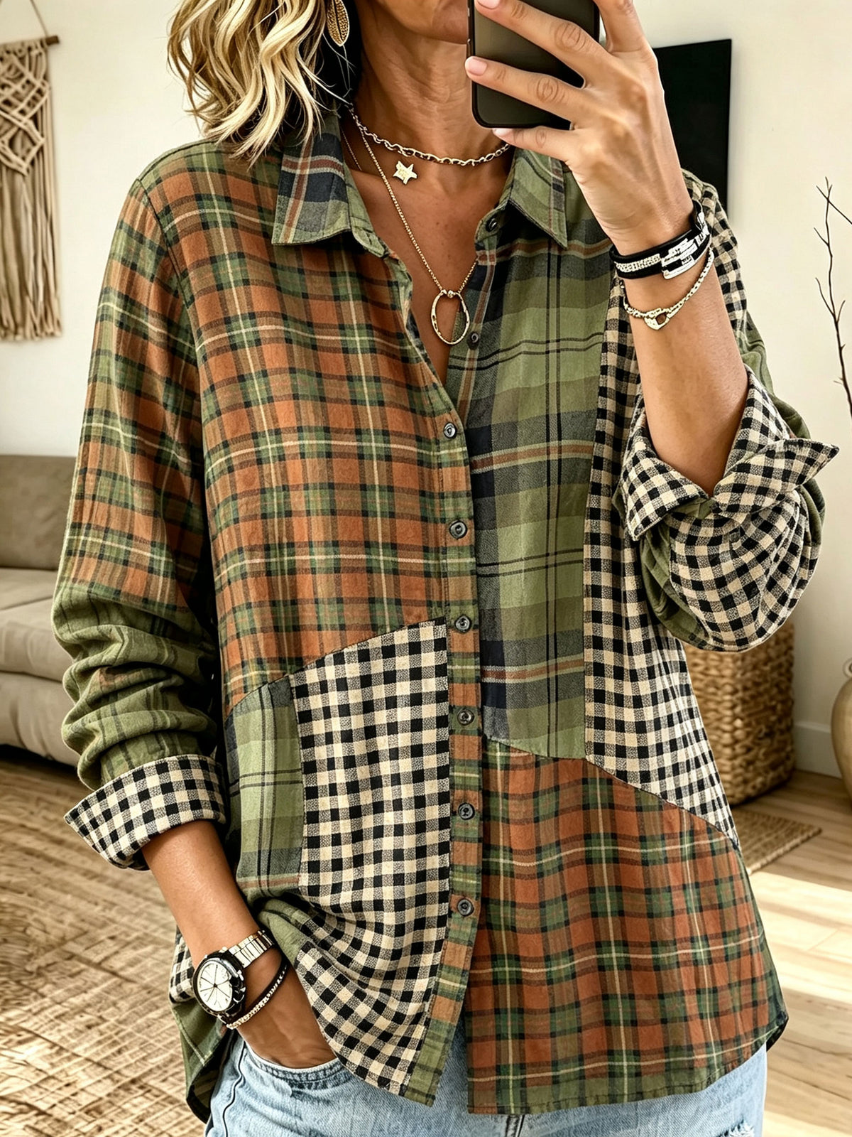 Women Patchwork Plaid Long Sleeve Button‑Down Shirt