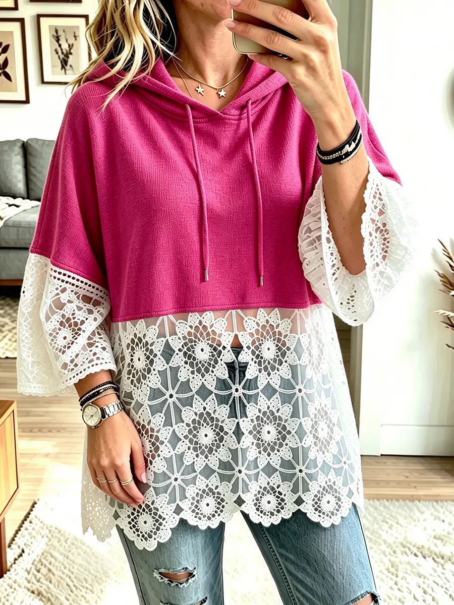 Women's Loose Lace Patchwork Hoodie Top