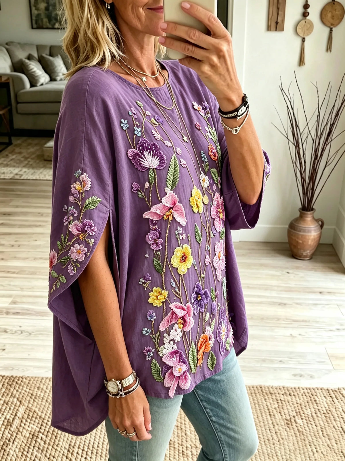 Women Colorful Floral Art Print Round Neck Split Tunic Top