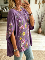 Women Colorful Floral Art Print Round Neck Split Tunic Top