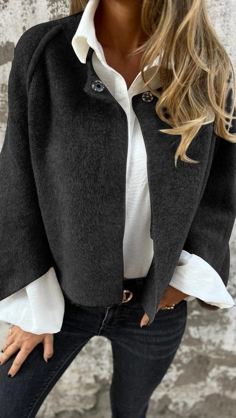 Stand Collar Snap Button Cropped Wool Blend Jacket Casual Short Coat